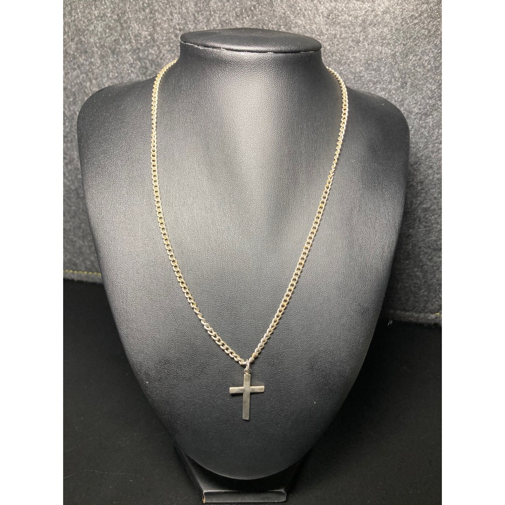 Minimalist Cross Necklace Silver‎ Tone Curb Chain 18" Unisex Religious Pendant